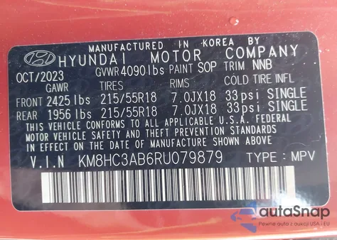 2024 Hyundai Kona Sel from USA, damaged, VIN KM8HC3AB6RU079879